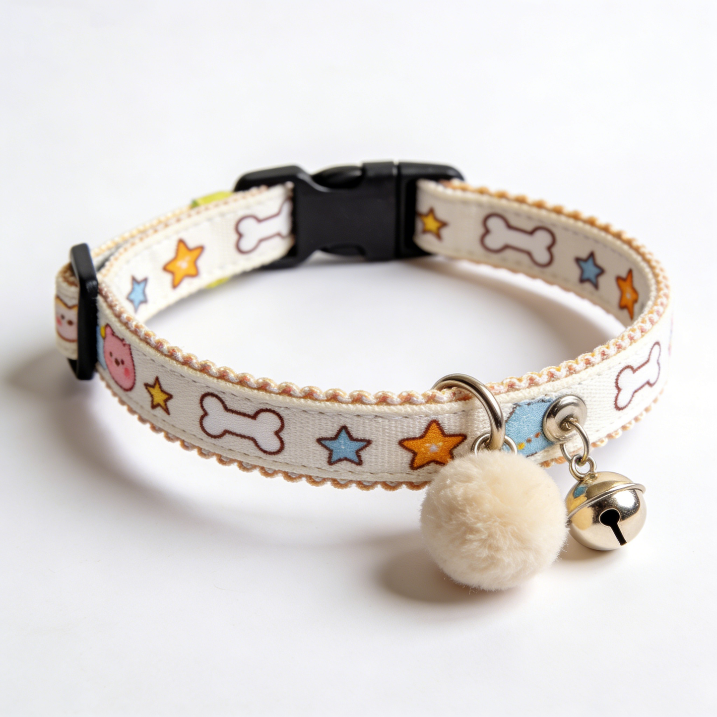Bone Star Cartoon Print Pet Collar with Pom Pom & Bell