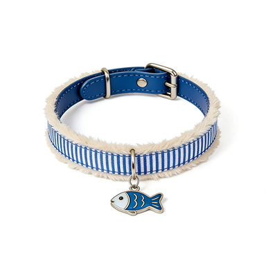 Blue White Stripe Fur Trim Pet Collar with Fish Charm