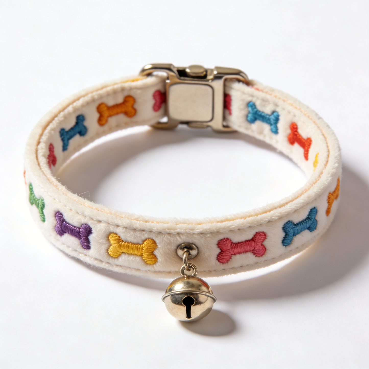 Colorful Bone Embroidered Plush Pet Collar with Bell