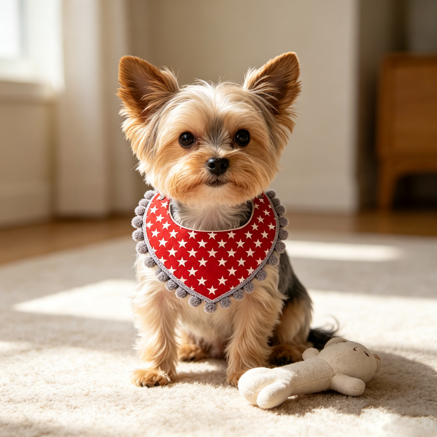 Red Star Print Pom Pom Pet Bib
