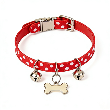 Red Polka Dot Pet Collar with Bone Charm & Bells