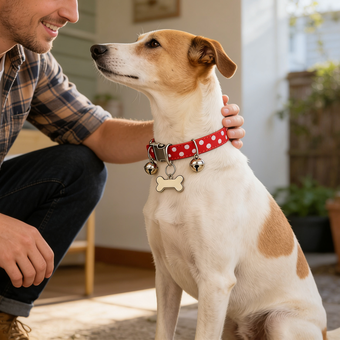 Red Polka Dot Pet Collar with Bone Charm & Bells