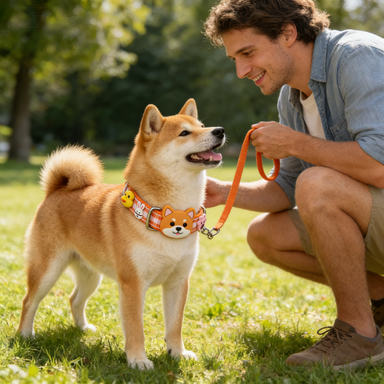 Orange Plaid Shiba Inu Silicone Patch Pet Collar