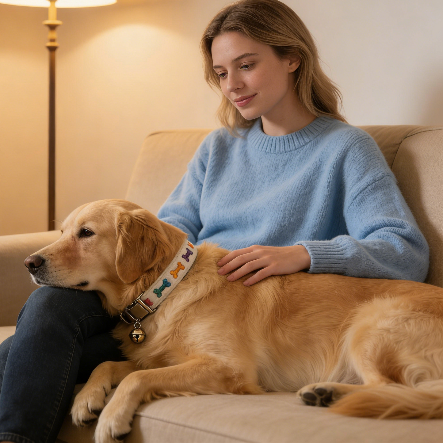 Colorful Bone Embroidered Plush Pet Collar with Bell