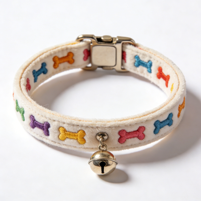 Colorful Bone Embroidered Plush Pet Collar with Bell