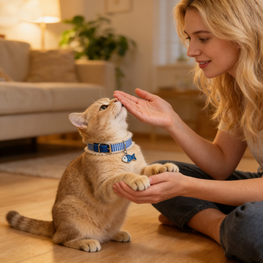 Blue White Stripe Fur Trim Pet Collar with Fish Charm