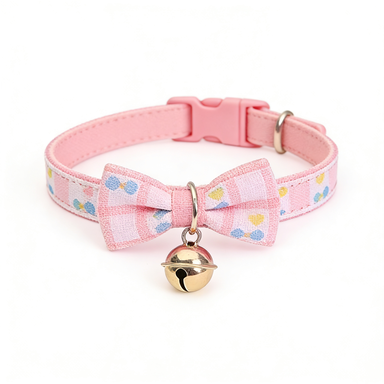 Pink Gingham Heart Bow Tie Pet Collar with Bell
